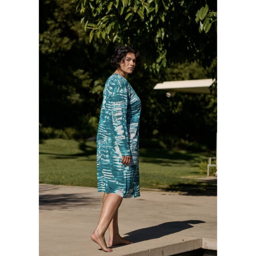 Universal Standard Teal and White Patterned Long Sleeve Dress
